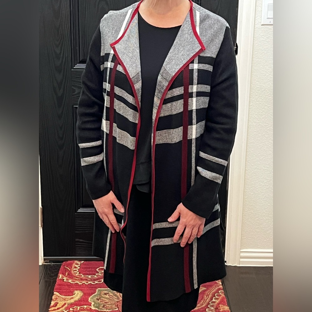 Kasper Black, Red, and White Open Cardigan